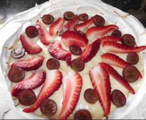 custard pie in meringue shell with fruit