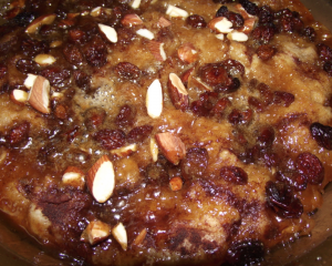 caramel apple coffee cake with raisins and almonds