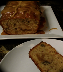 easy banana bread with caramel and pecans