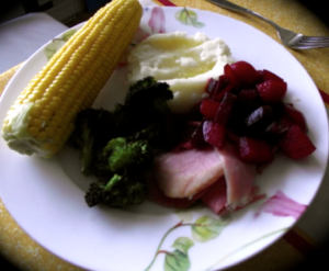 ham, beets, corn and broccoli